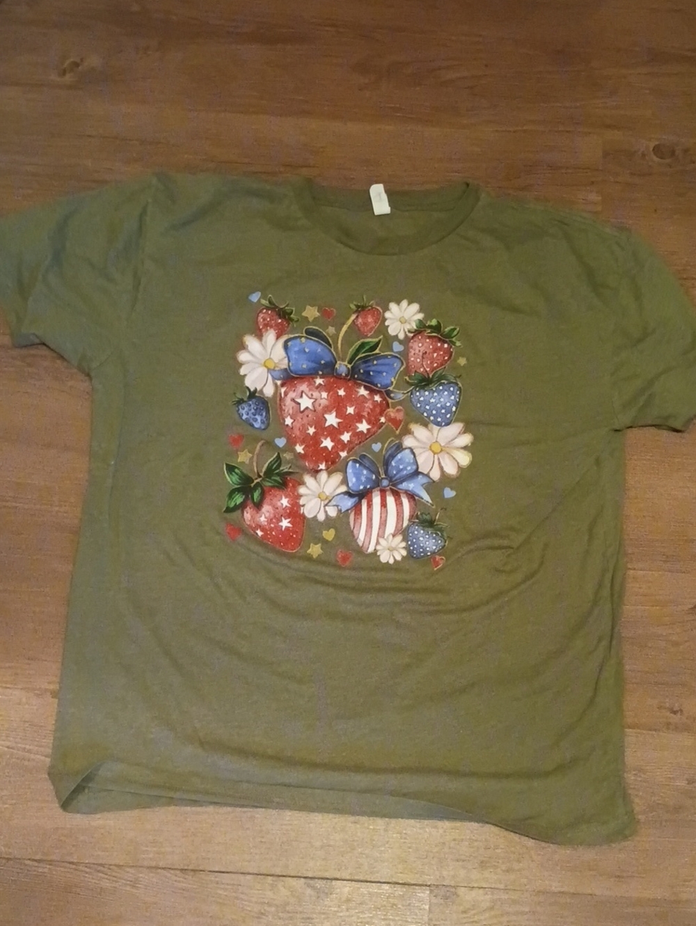 Woman's Olive Green Graphic Tee with Patriotic Strawberries XL